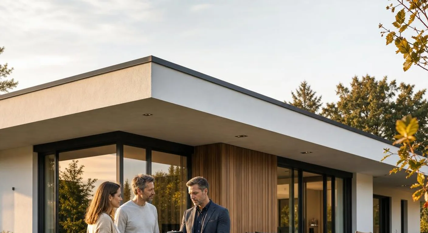 Gemeinsame Bauabnahme vor einem fertiggestellten modernen Bungalow