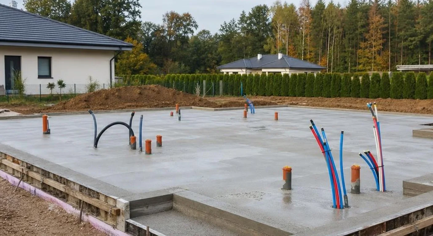 Fertig vorbereitete Bodenplatte mit Hausanschlüssen für den Bau eines Bungalows