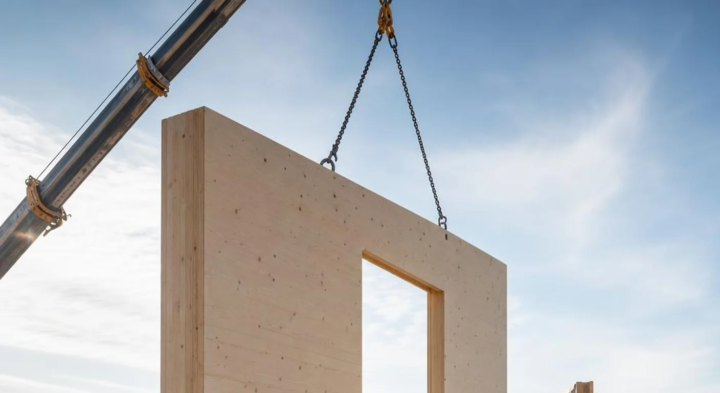 Kranmontage eines vorgefertigten Holzwandelements beim Bau eines Fertighaus-Bungalows