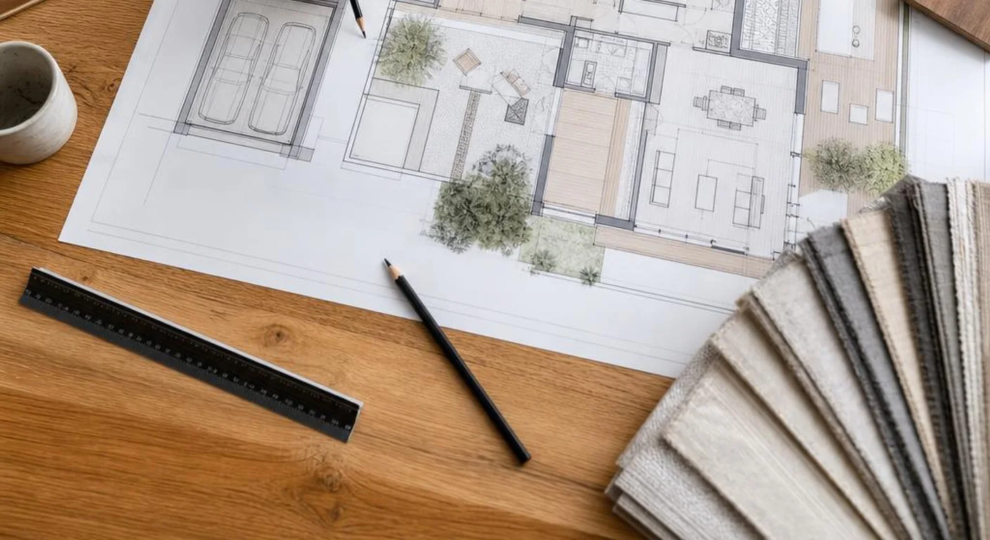 Grundrissplanung für einen Bungalow mit Materialmustern und maßstäblicher Zeichnung