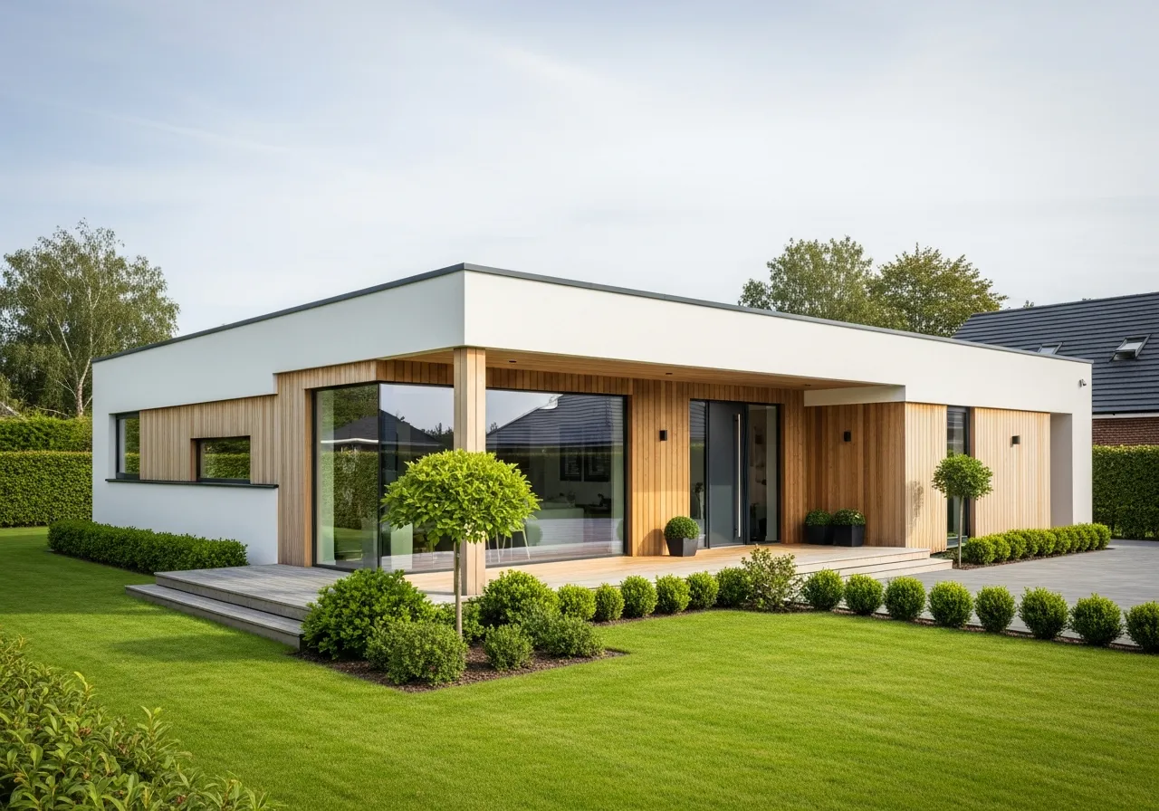 Winkelbungalow 128: ebenerdiger Fertighaus Bungalow mit ca. 128 m² und Flachdach