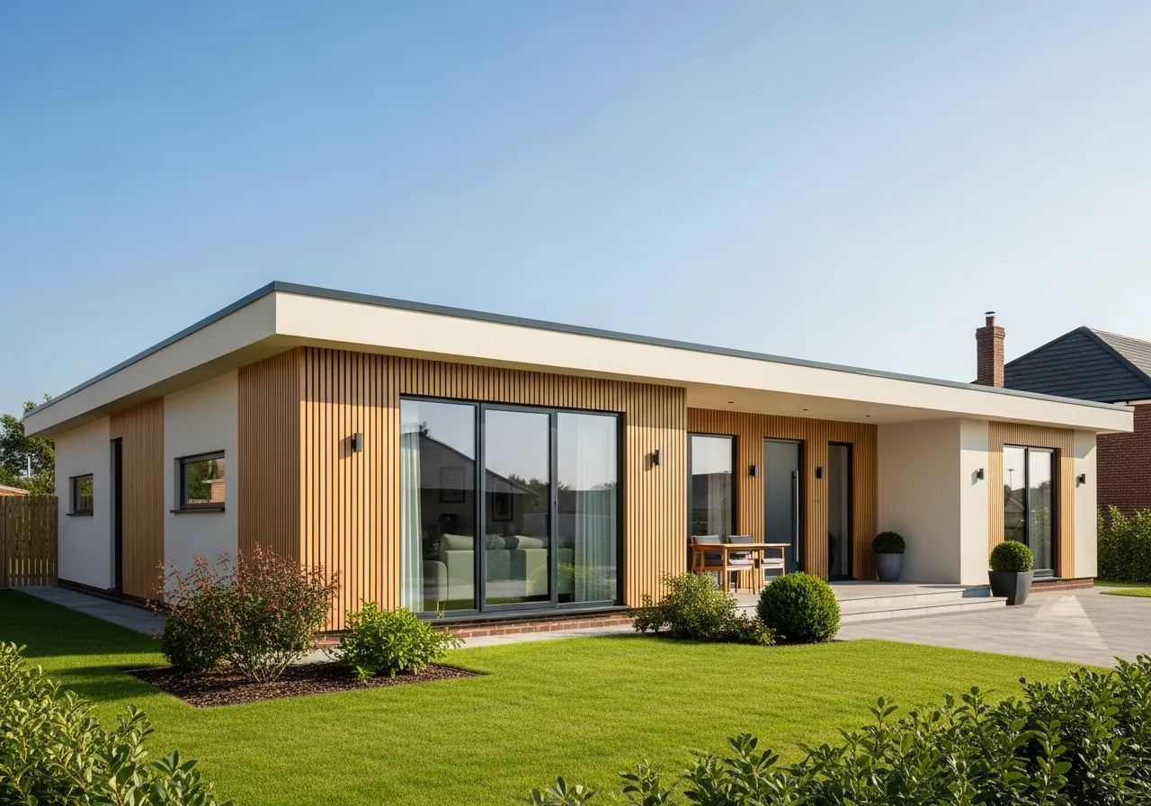 Winkelbungalow 145: ebenerdiger Fertighaus Bungalow mit ca. 145 m² und Flachdach