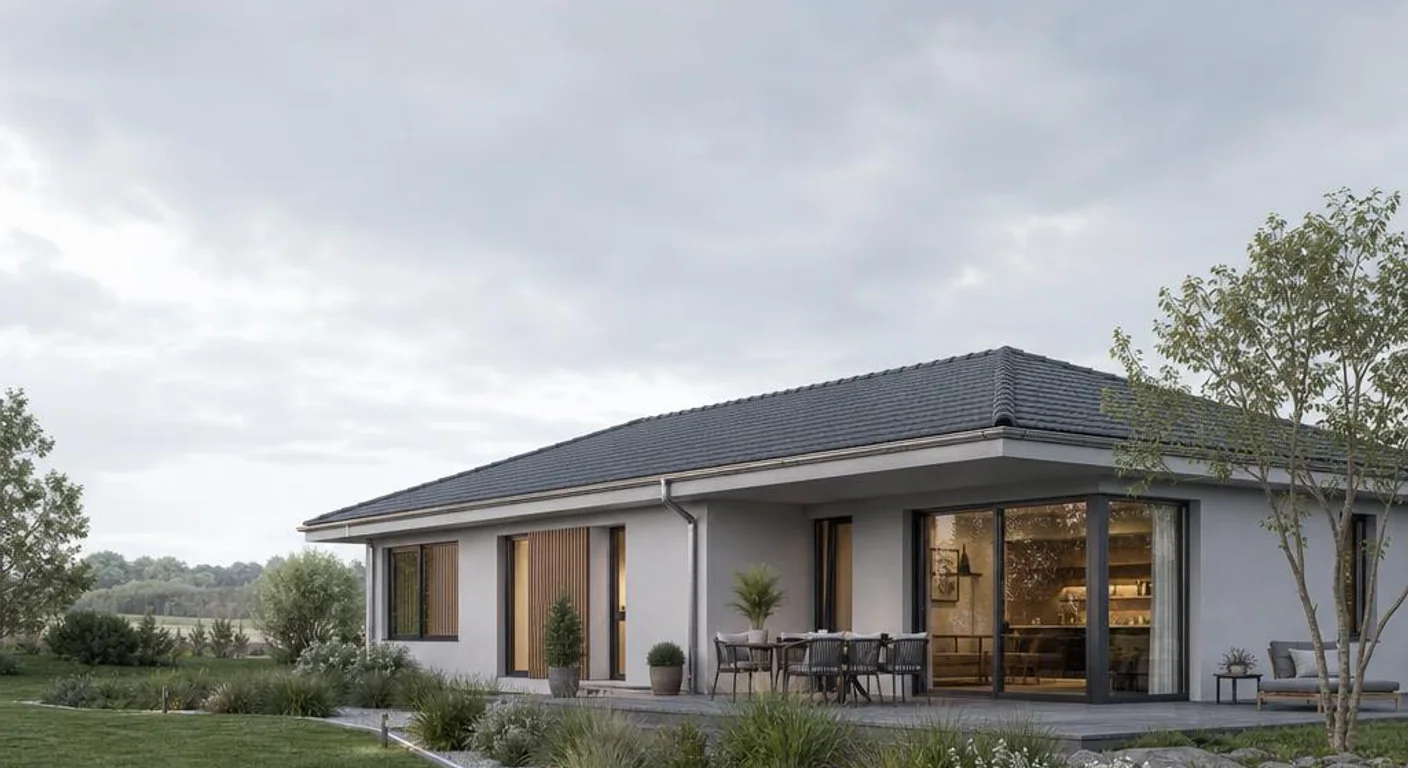 Hochwertiges Symbolbild eines modernen Fertighaus-Bungalows für das Anbieterprofil Bärenhaus: Profil des Fertighaus-Anbieters