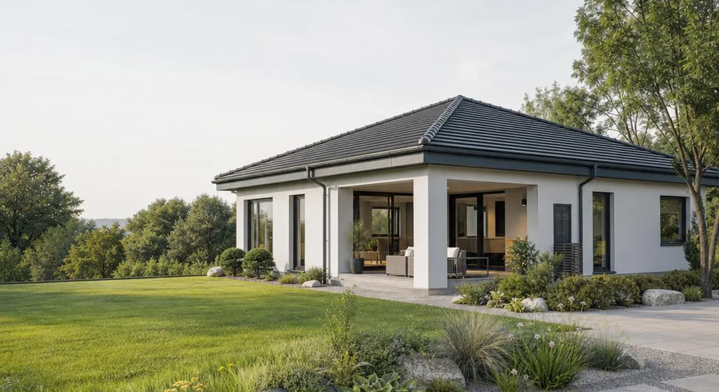 Hochwertiges Symbolbild eines modernen Fertighaus-Bungalows für das Anbieterprofil Fertighaus WEISS: Profil des Fertighaus-Anbieters