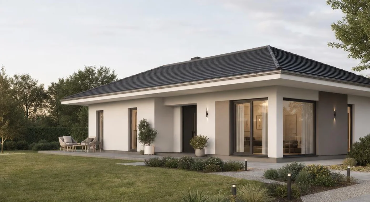 Hochwertiges Symbolbild eines modernen Fertighaus-Bungalows für das Anbieterprofil Kern-Haus: Profil des Fertighaus-Anbieters