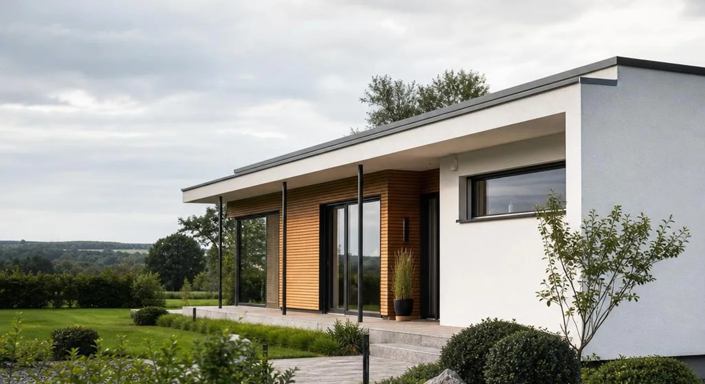 Hochwertiges Symbolbild eines modernen Fertighaus-Bungalows für das Anbieterprofil Sonnleitner Holzbauwerke: Profil des Fertighaus-Anbieters