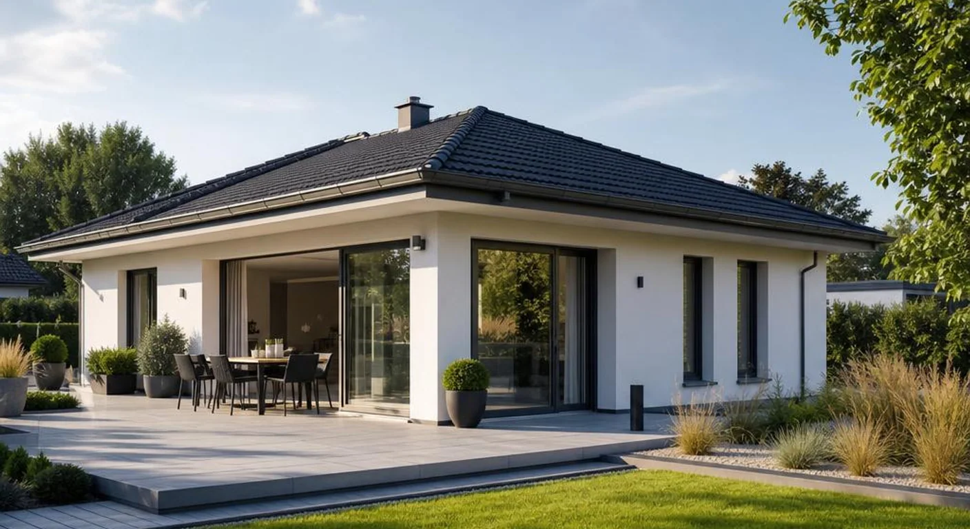 Hochwertiges Themenbild zum Ratgeber Dachformen für den Bungalow: Flachdach, Walmdach und weitere