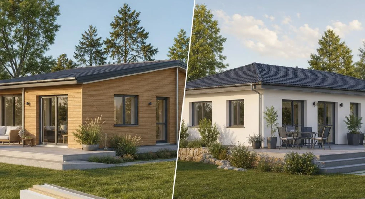 Hochwertiges Themenbild zum Ratgeber Fertighaus oder Massivhaus: der Bungalow gegenübergestellt