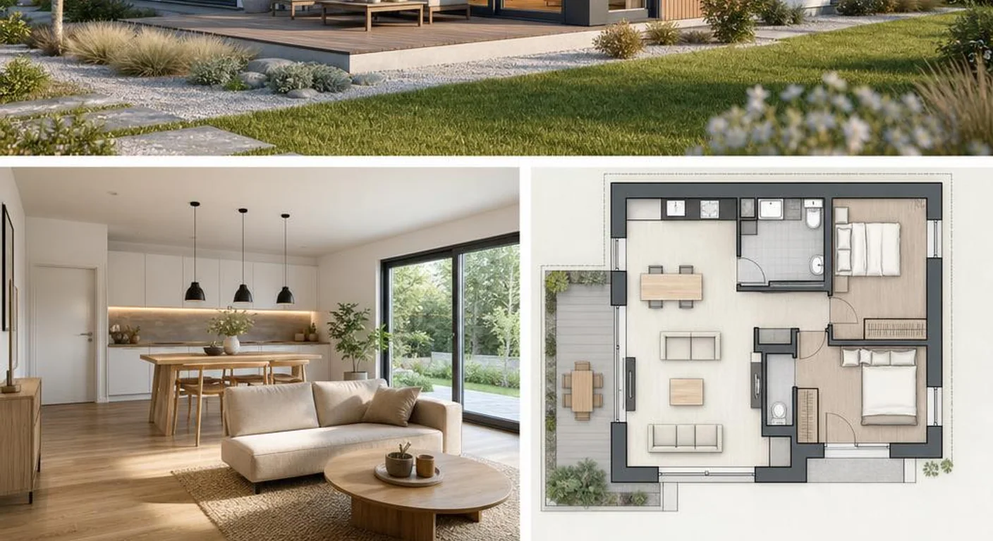 Hochwertiges Themenbild zum Ratgeber Kompakter Bungalow unter 80 m²: klein und effizient wohnen