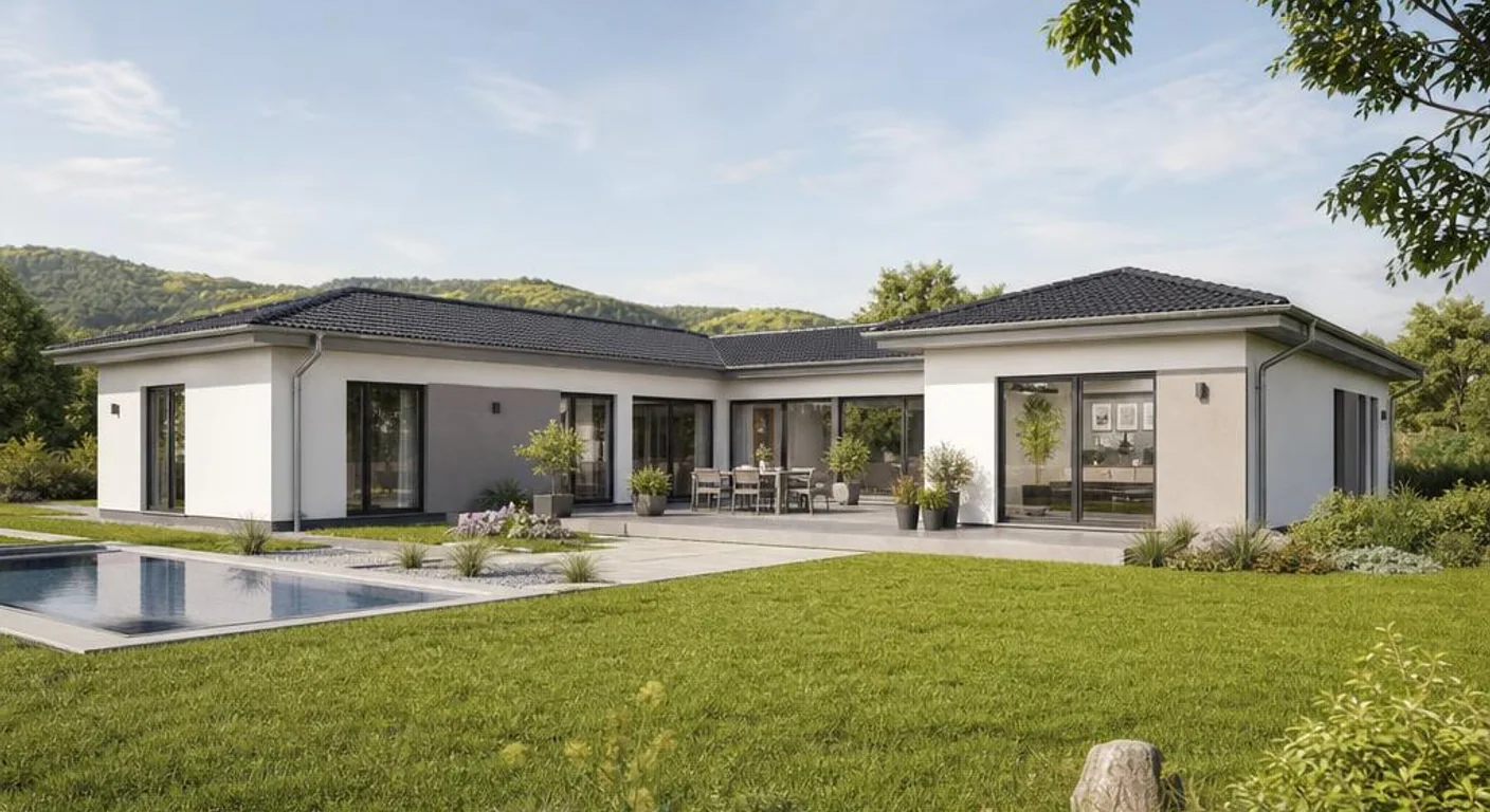 Individuelle Architekturvisualisierung des Hausmodells Atrium-Bungalow 160: Fertighaus Bungalow als moderner Fertighaus-Bungalow