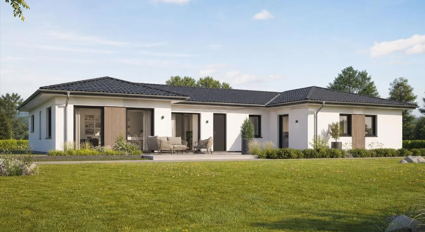 Individuelle Architekturvisualisierung des Hausmodells Bungalow mit Einliegerwohnung 150: Fertighaus Bungalow als moderner Fertighaus-Bungalow