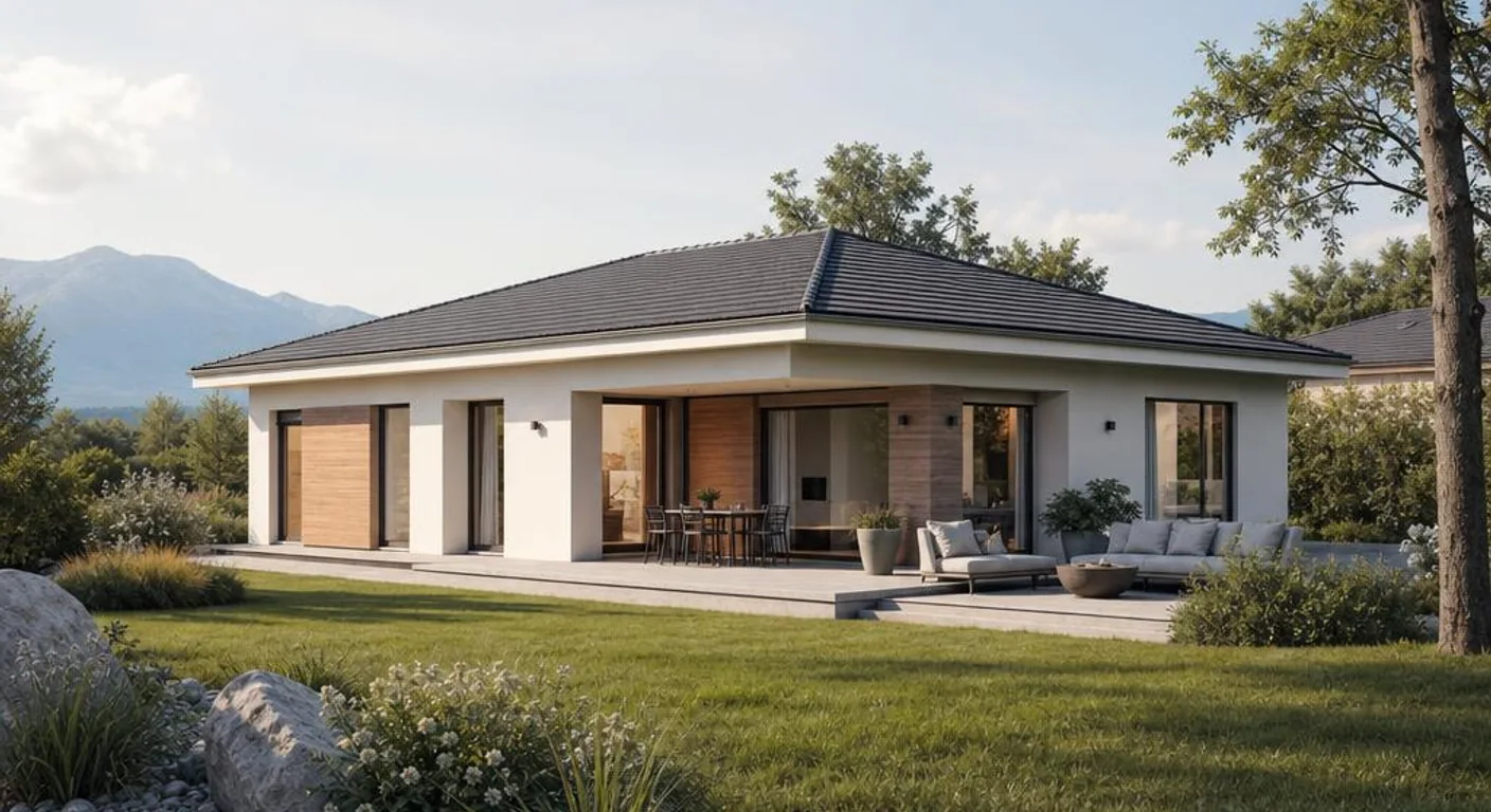 Individuelle Architekturvisualisierung des Hausmodells Modern-Bungalow 105: Fertighaus Bungalow als moderner Fertighaus-Bungalow