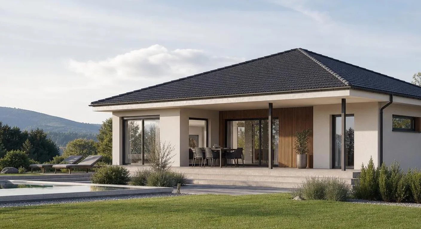 Individuelle Architekturvisualisierung des Hausmodells Premium-Bungalow 175: Fertighaus Bungalow als moderner Fertighaus-Bungalow