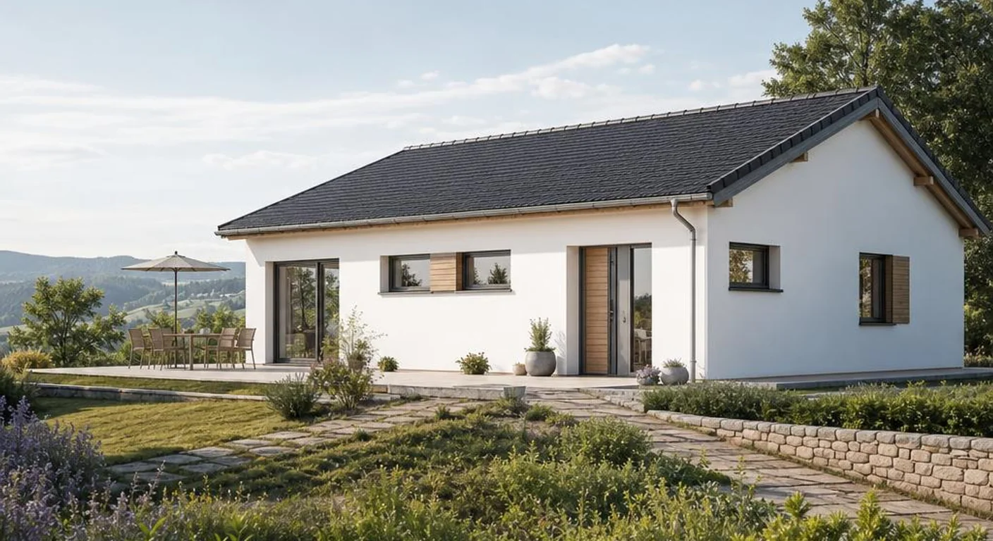 Individuelle Architekturvisualisierung des Hausmodells Satteldach-Bungalow 110: Fertighaus Bungalow als moderner Fertighaus-Bungalow