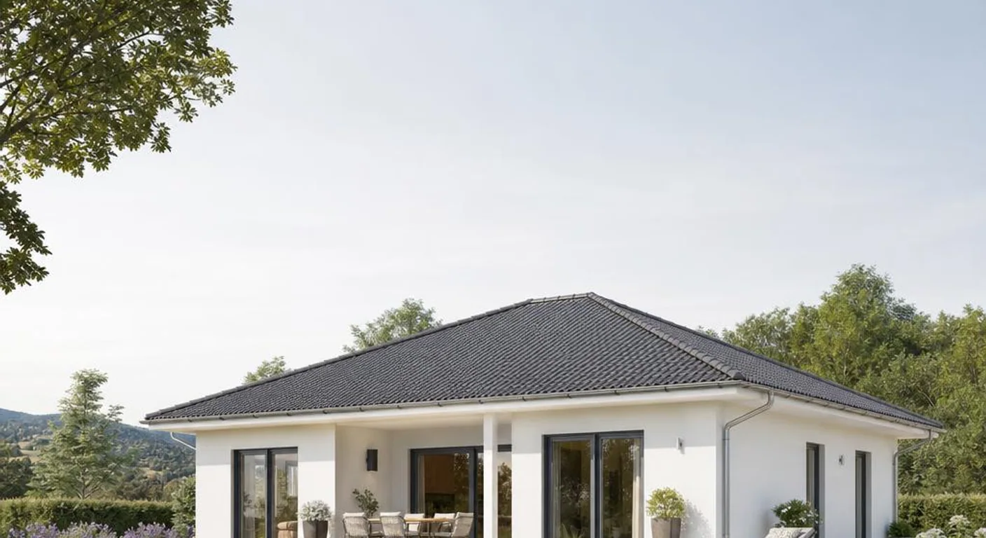 Individuelle Architekturvisualisierung des Hausmodells Walmdach-Bungalow 125: Fertighaus Bungalow als moderner Fertighaus-Bungalow