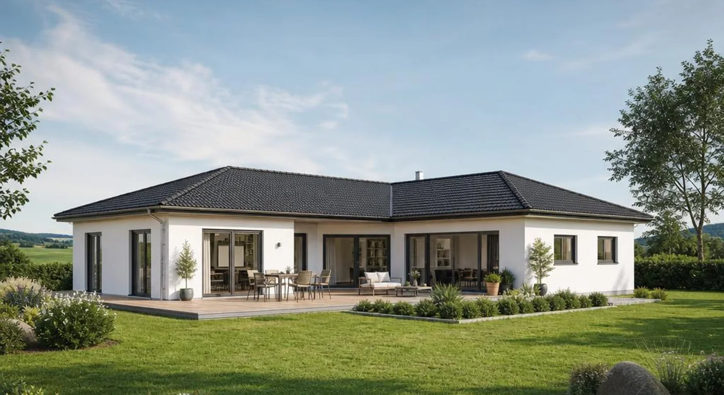 Individuelle Architekturvisualisierung des Hausmodells Winkelbungalow 128: Fertighaus Bungalow als moderner Fertighaus-Bungalow