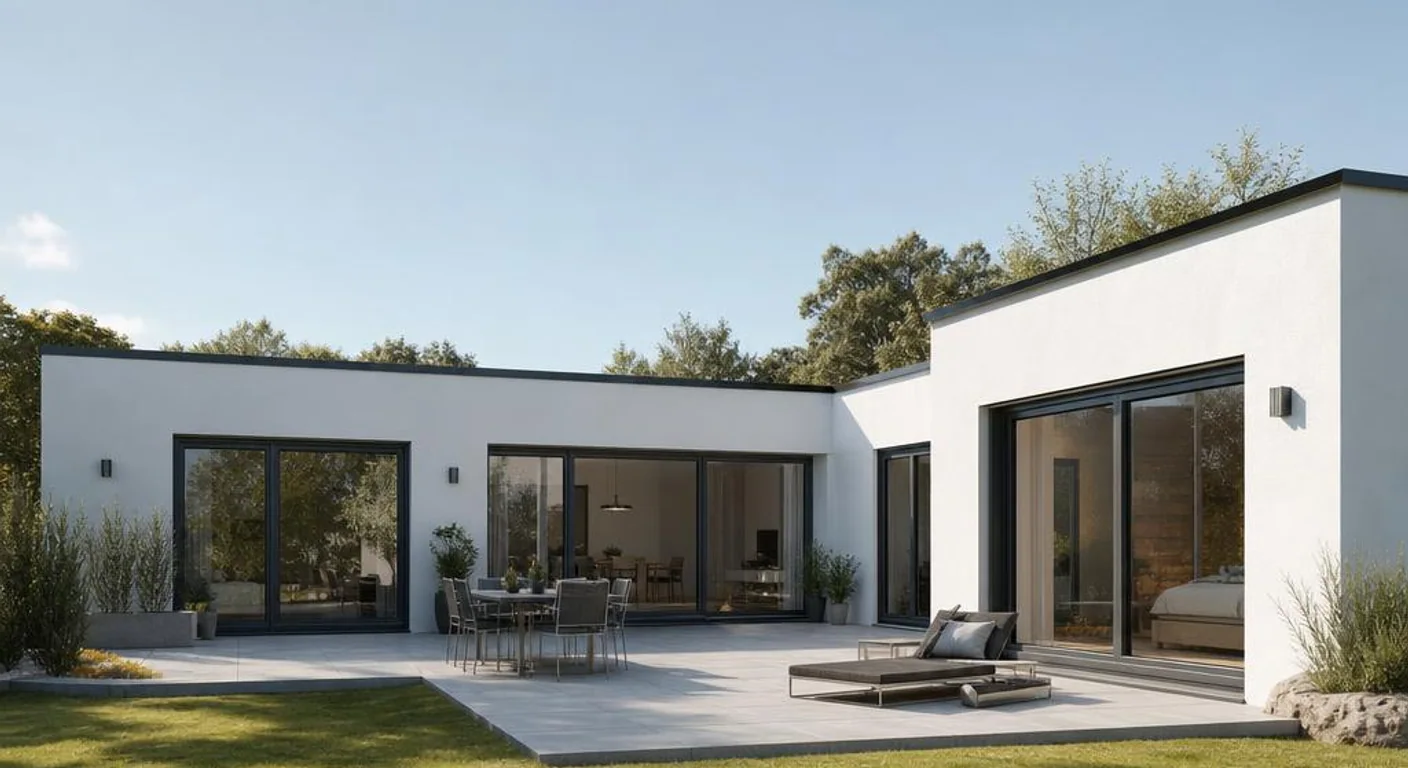 Hochwertiges Themenbild zu Winkelbungalow: der Bungalow in L-Form