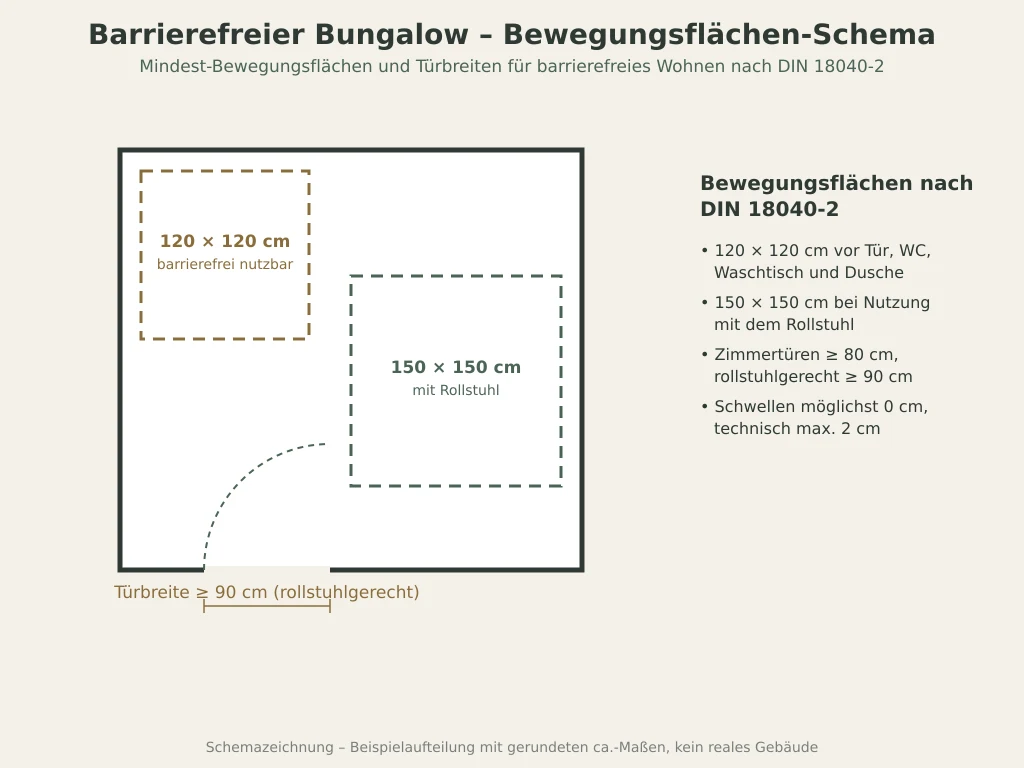 Schemazeichnung der Bewegungsflächen nach DIN 18040-2 mit 120 mal 120 und 150 mal 150 Zentimetern sowie Türbreite von 90 Zentimetern