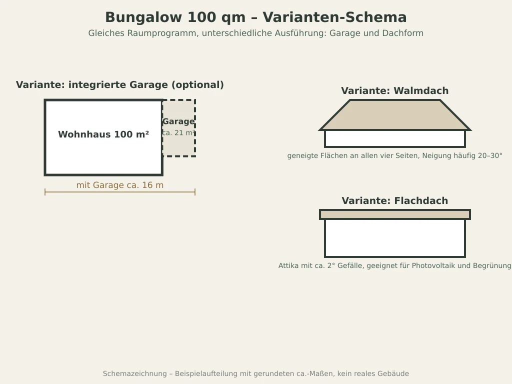 Varianten-Schema für ein eingeschossiges Haus mit 100 qm, mit optionaler Garage sowie Walmdach oder Flachdach im Vergleich