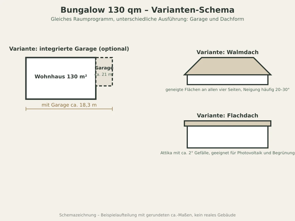 Varianten-Schema für ein ebenerdiges Familienhaus mit 130 qm, mit integrierter Garage sowie Walmdach oder Flachdach im Querschnitt