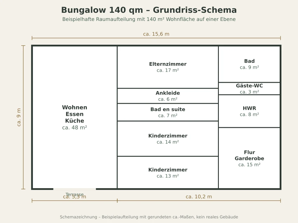 Schemazeichnung eines Bungalow-Grundrisses mit 140 qm, Elternsuite mit Ankleide und Maßketten von circa 15,6 mal 9 Metern