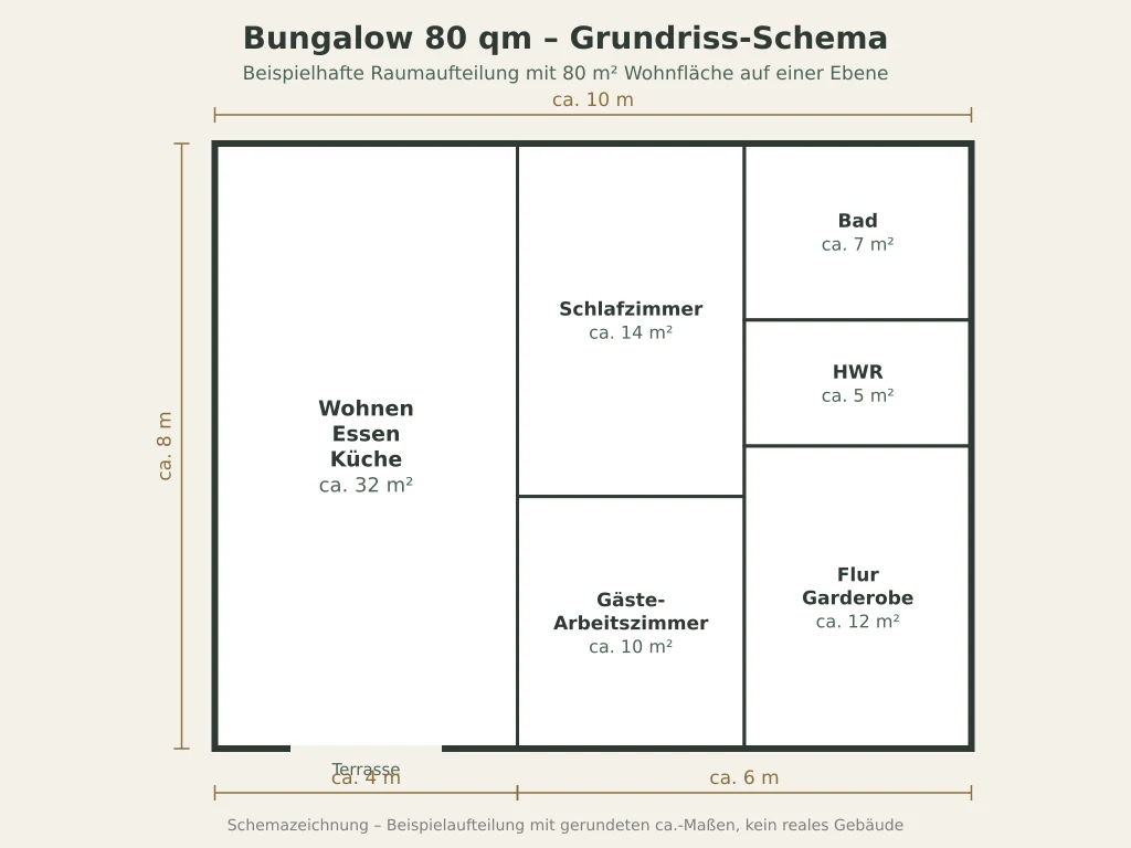 Schemazeichnung eines Bungalow-Grundrisses mit 80 qm, Raumaufteilung und Maßketten von circa 10 mal 8 Metern