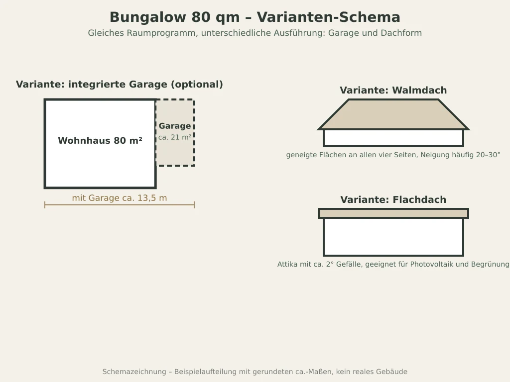 Varianten-Schema für ein ebenerdiges Haus mit 80 qm, wahlweise mit integrierter Garage sowie Walmdach oder Flachdach