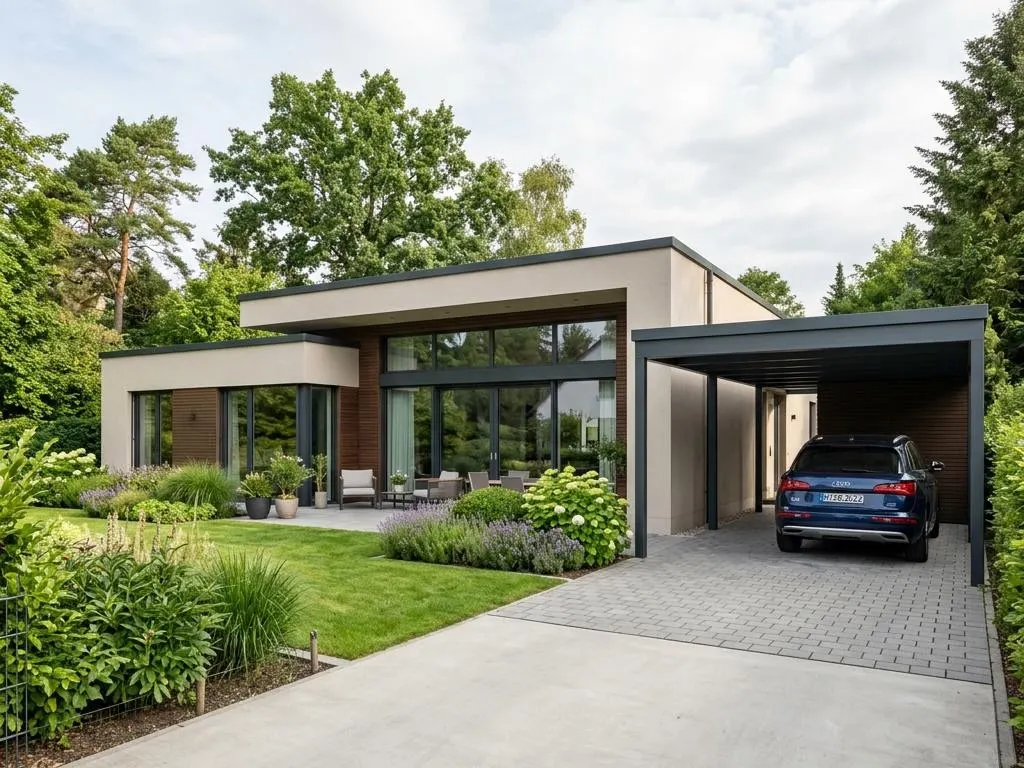 An den Bungalow angebauter Carport