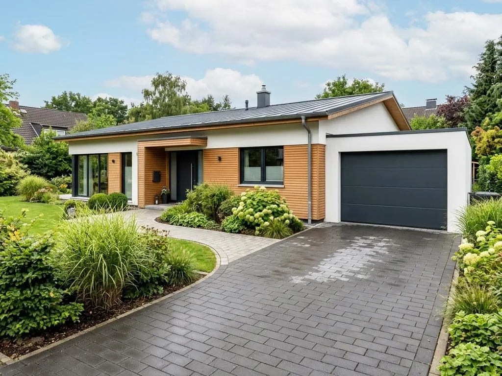 Einfahrt und Garagentor eines Bungalows mit Garage