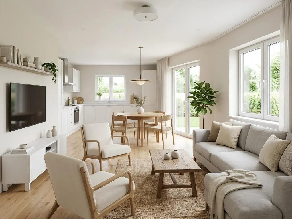 Bezugsfertiger Wohnbereich eines schlüsselfertigen Bungalows