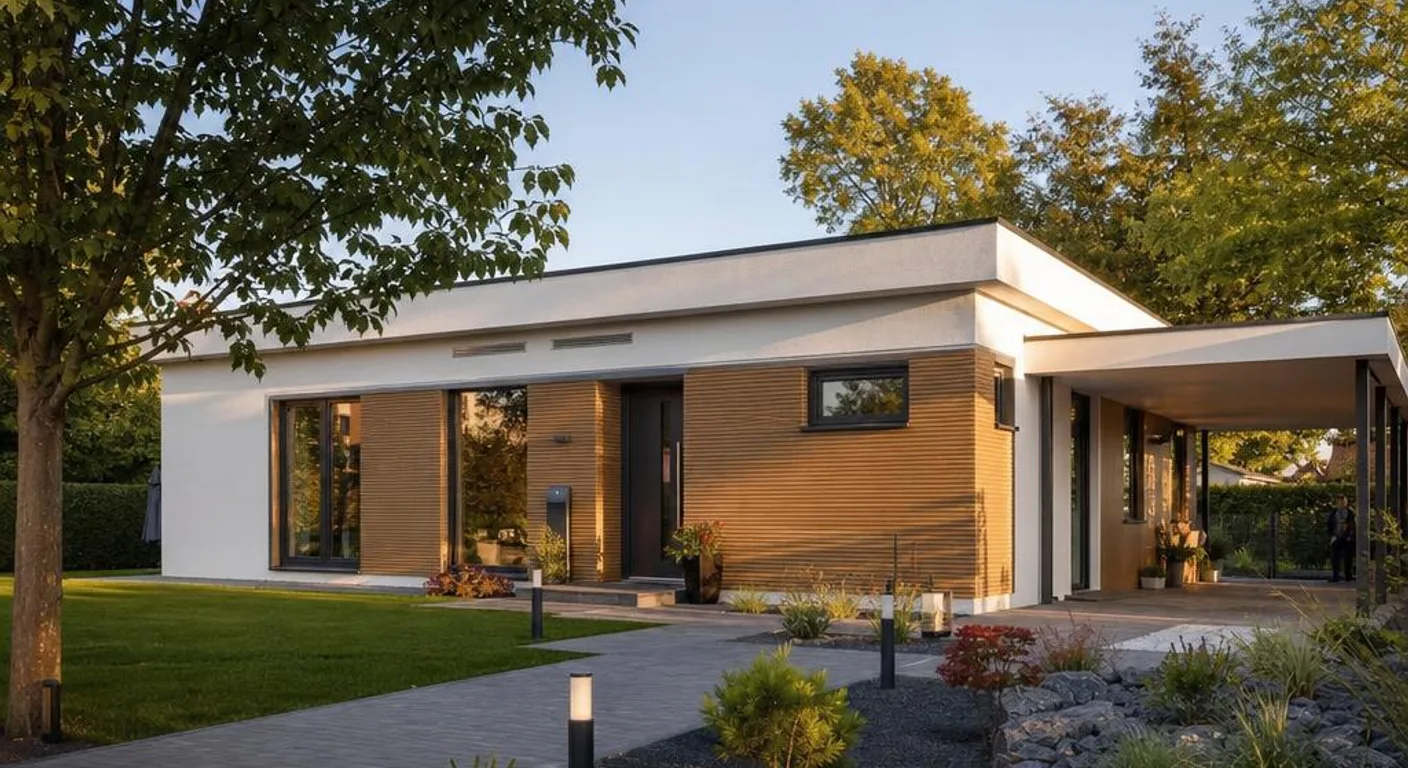 Hausmodell: moderner Fertighaus Bungalow mit Holz-Weiß-Fassade und Flachdach