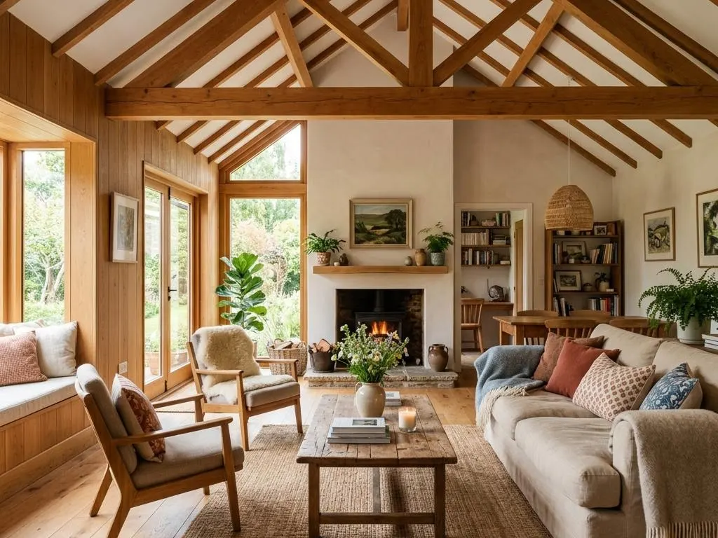 Warmer Innenraum eines Holzhaus-Bungalows mit sichtbaren Holzelementen