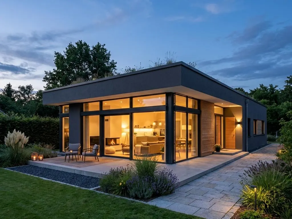 Moderner Flachdach-Bungalow in der Abenddämmerung