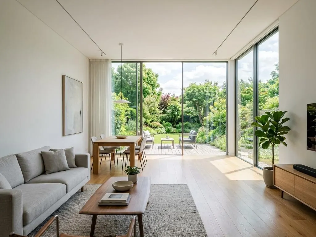 Bodentiefe Verglasung eines modernen Bungalows