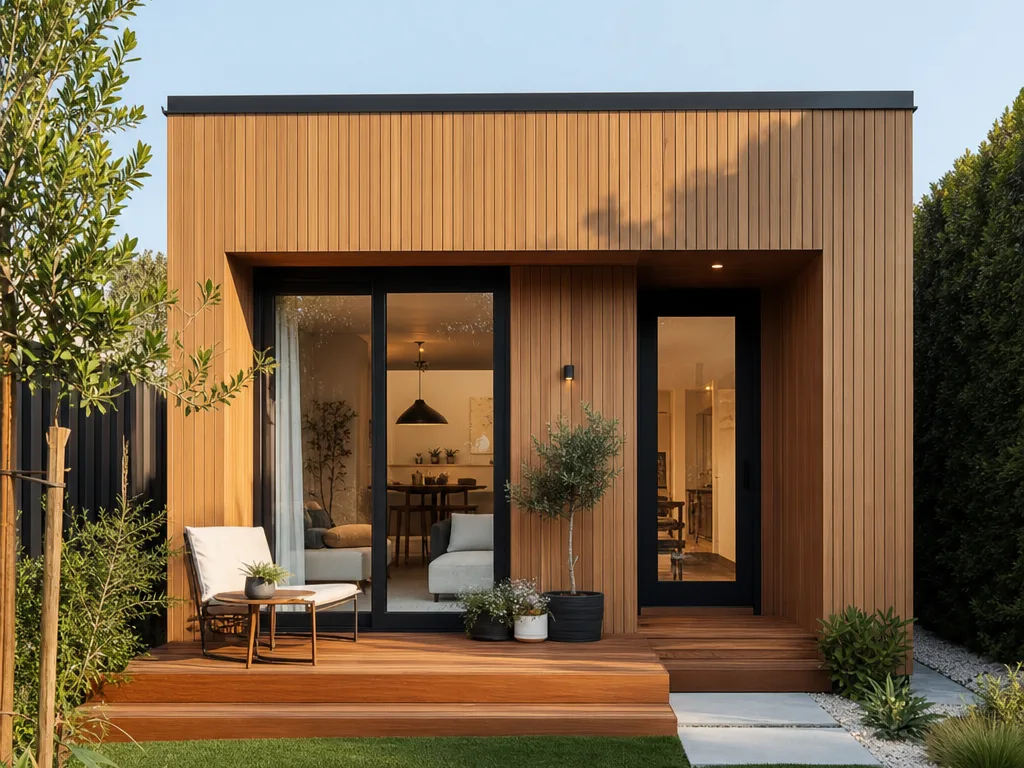 Minimalistisches Tiny House auf einem schmalen Grundstück mit Holzterrasse