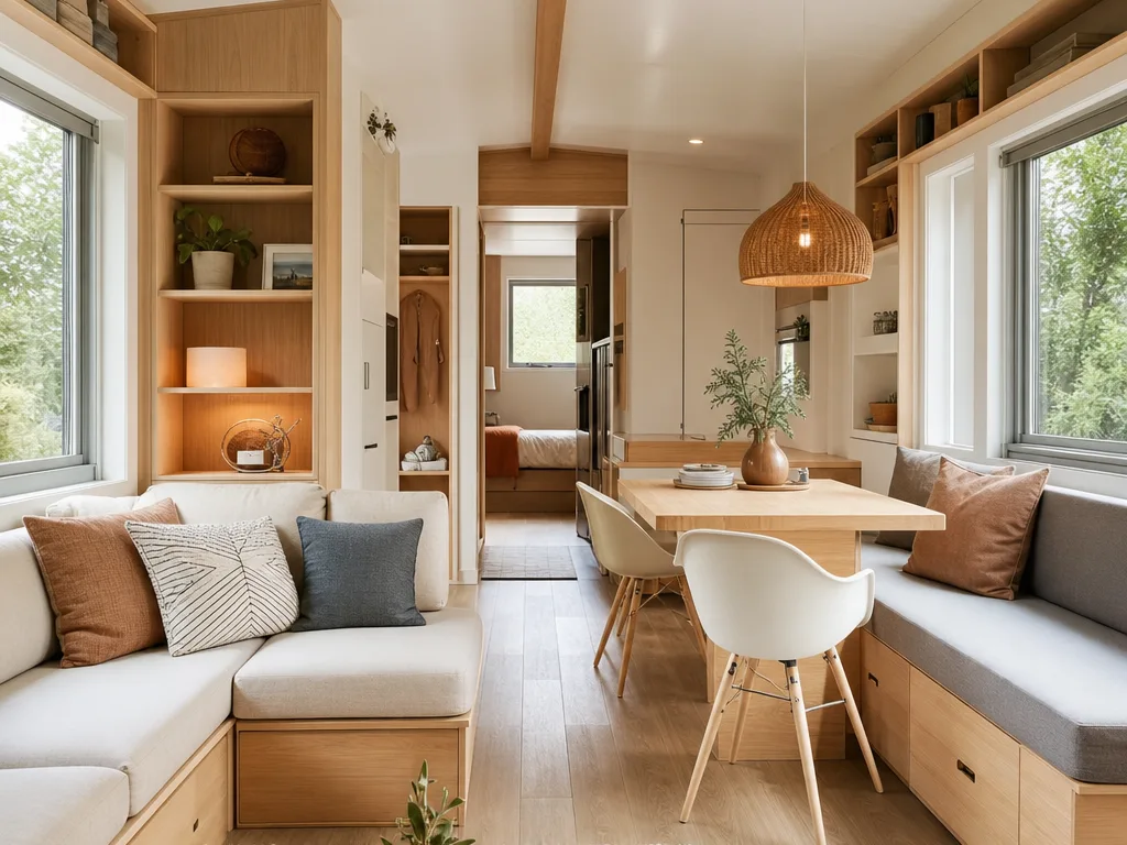 Offener Wohn-Ess-Bereich eines Tiny House mit multifunktionalen Möbeln und viel Stauraum