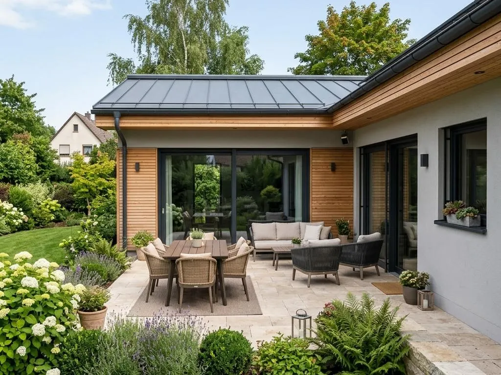 Windgeschützte Terrasse im Innenwinkel eines Winkelbungalows